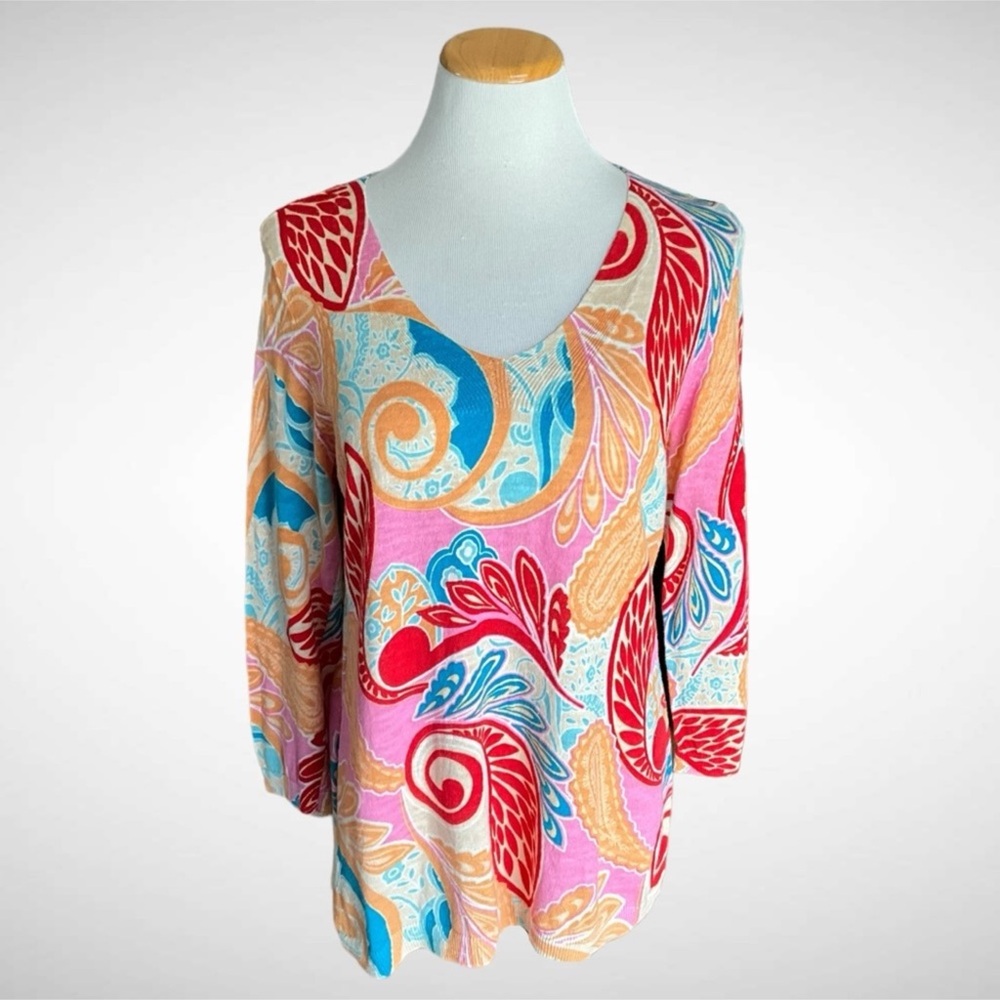 Talbots 100% Cotton Jungle Paisley V-Neck Pullover Sweater